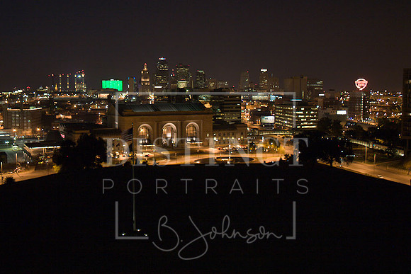 Union Station with night time downtown Kansas City Skyline